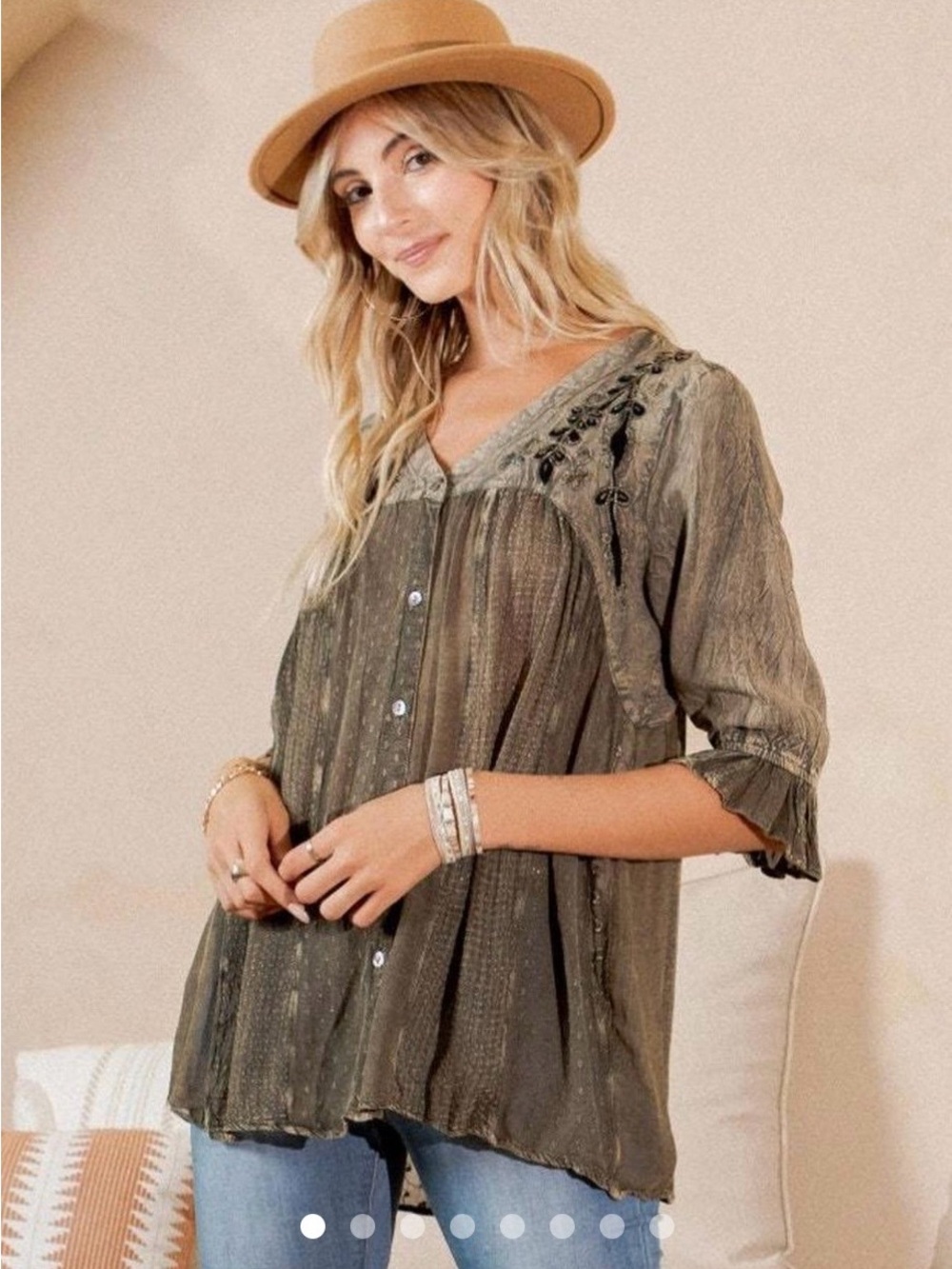 Young Threads Button Front Peasant Top - Picture 2 of 4